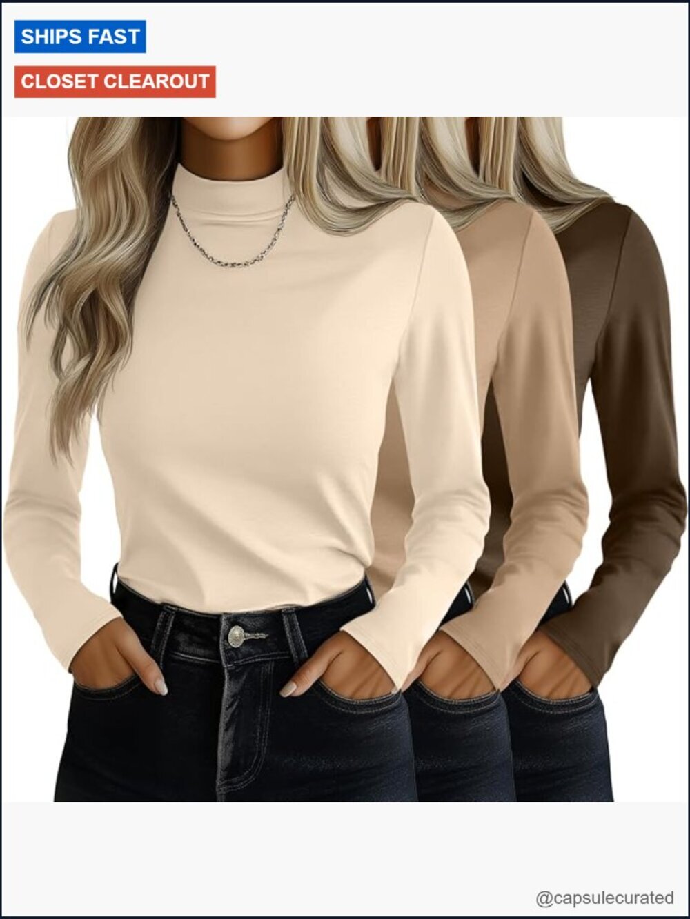 3 Pack Women's Mock Turtleneck Long Sleeve Slim Fit Tops